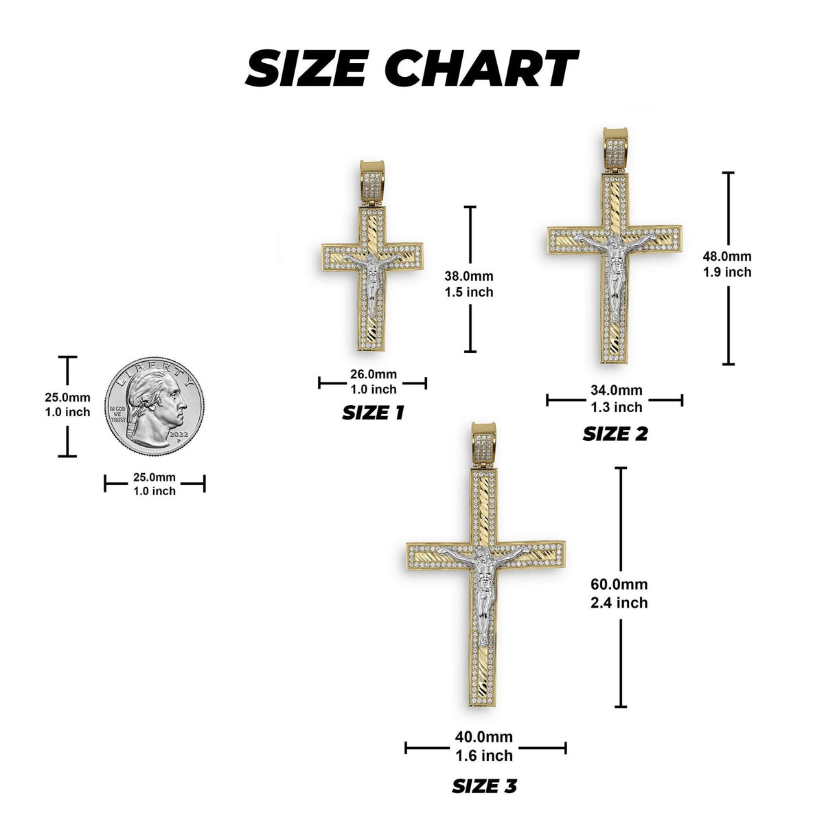 Size chart comparing three gold Nemo iced crucifix pendants to a US quarter coin.