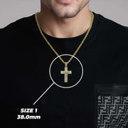 On-model size display of Size 1 (38.0mm) gold Nemo iced crucifix cross pendant necklace.