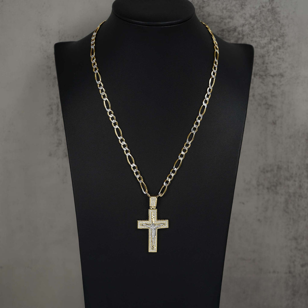 Gold crucifix cross pendant with pavé cubic zirconia, displayed on a black mannequin bust.