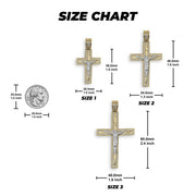 Size chart graphic showing three gold and silver crucifix pendants with labeled measurements and scale.