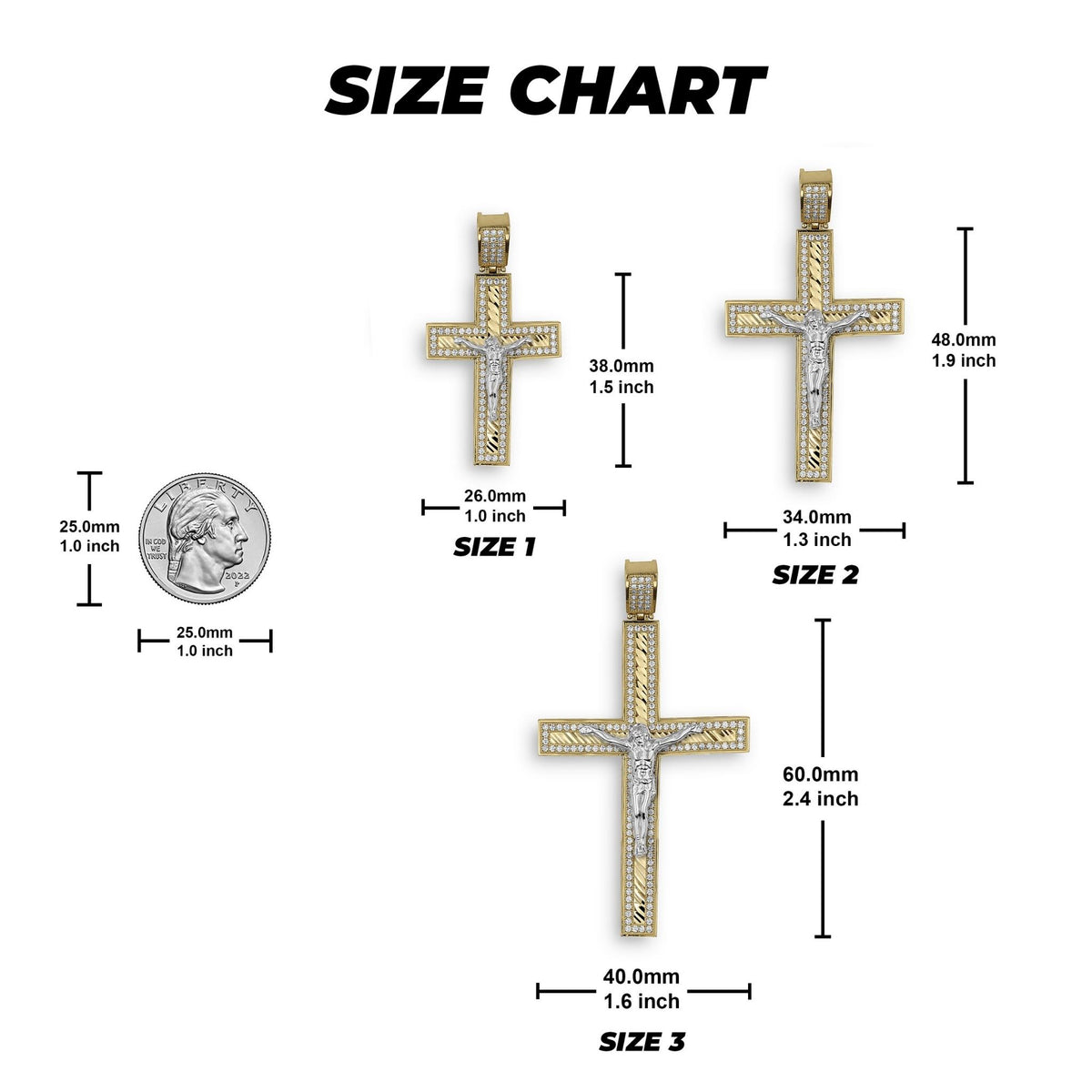 Size chart graphic showing three gold and silver crucifix pendants with labeled measurements and scale.