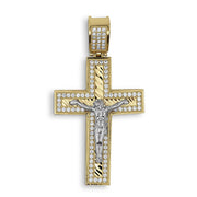 ellow and white gold crucifix pendant featuring cubic zirconia pavé stones on a white background.