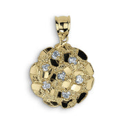 Textured gold nugget circle charm set with cubic zirconia stones close-up.