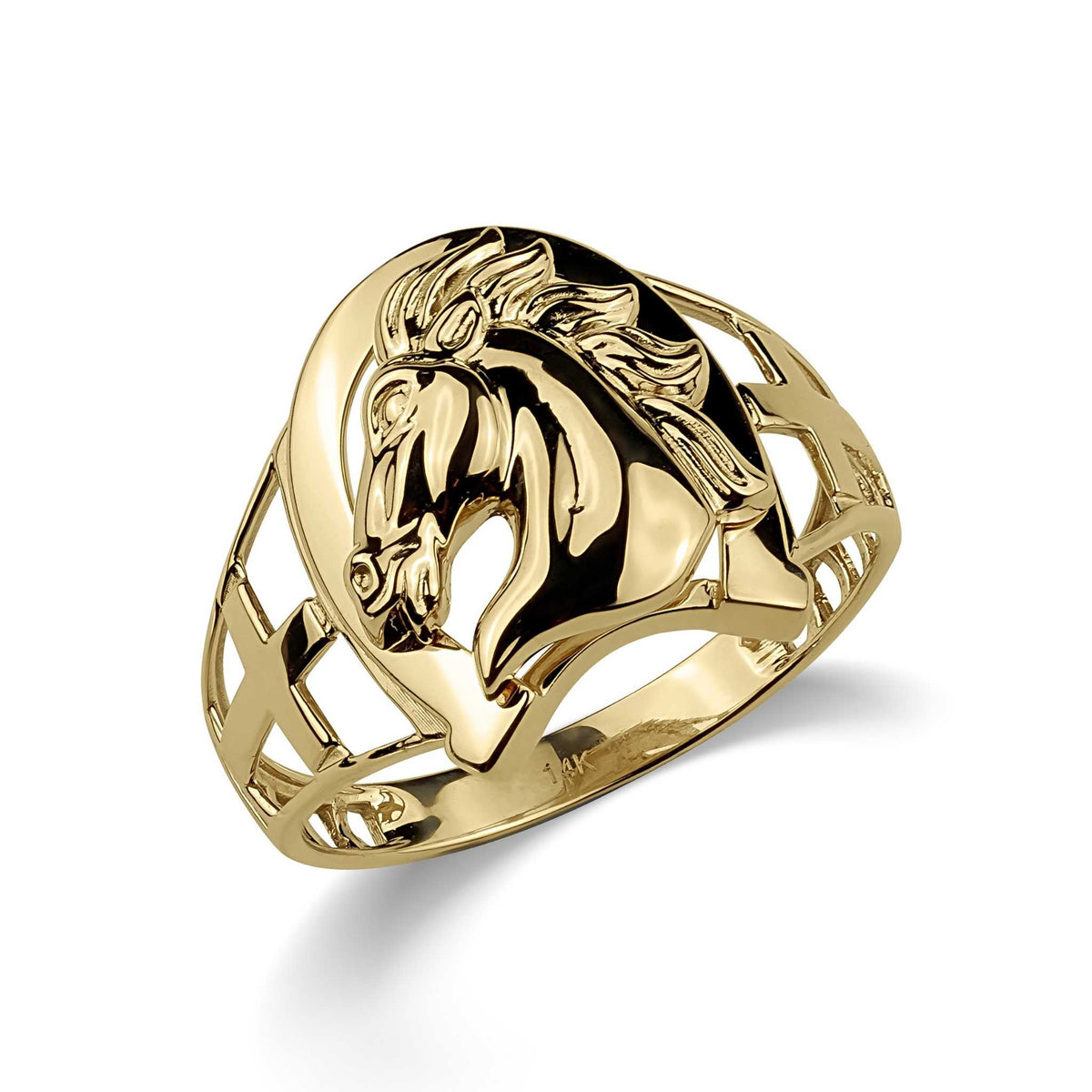 Front view of a gold horseshoe ring with a detailed raised horse head center.