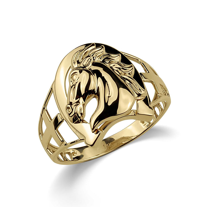 Front view of a gold horseshoe ring with a detailed raised horse head center.