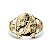 Gold horse head horseshoe ring featuring textured cross cutout details on the band.
