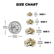 Gold horse and horseshoe ring dimension guide showing sizes 1 through 4 for scale.
