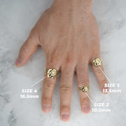Lifestyle hand view of three gold horse horseshoe rings with millimeter size labels.