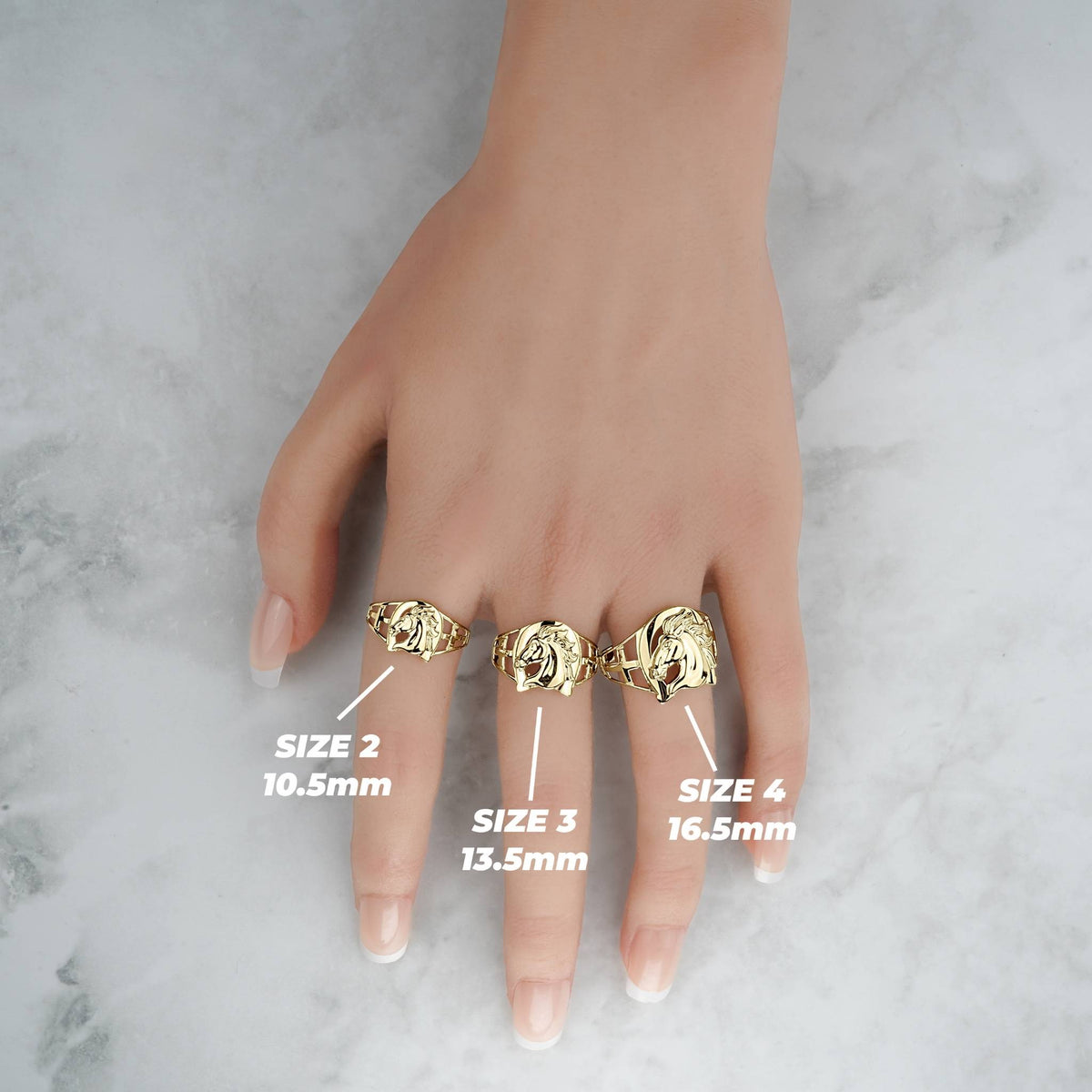 Yellow gold classic horse horseshoe signet rings in Sizes 2, 3, and 4.