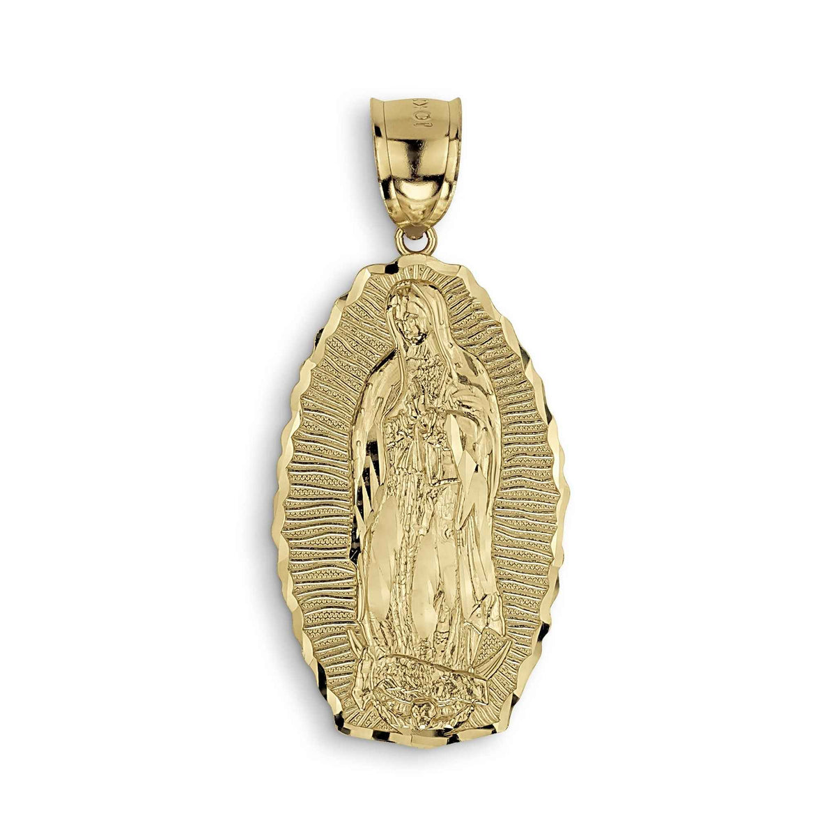 Front view of a 10k/14k yellow gold Our Lady of Guadalupe oval pendant with detailed scalloped border.