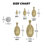 Size chart comparing five gold Virgin Mary Guadalupe pendant sizes (Size 1 to Size 5) alongside a U.S. quarter for scale.