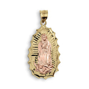 Two-tone rose and yellow gold Ovo Guadalupe pendant with diamond-cut halo border.