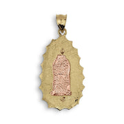 Back view of two-tone gold Ovo Guadalupe pendant with textured rose gold center.