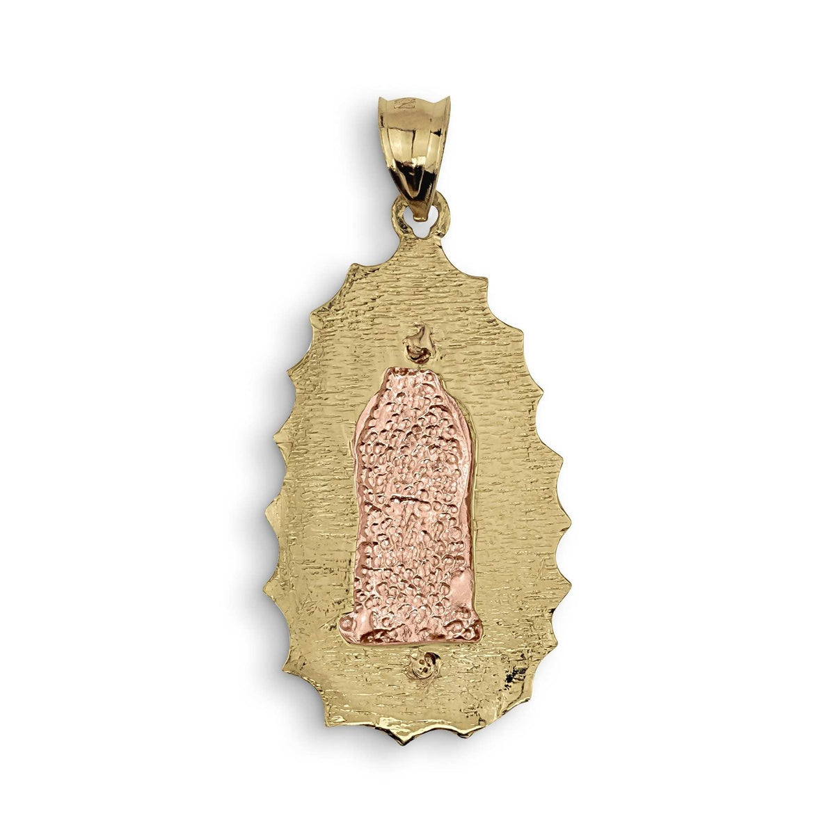 Back view of two-tone gold Ovo Guadalupe pendant with textured rose gold center.