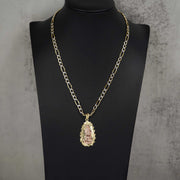 Two-tone rose and yellow gold Ovo Guadalupe pendant necklace on black display bust.
