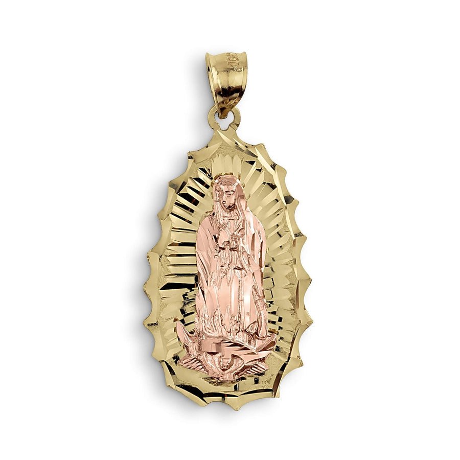 Two-tone yellow and rose gold Virgin Mary Guadalupe pendant with polished, diamond-cut details.