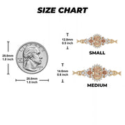Size chart showing small and medium Quinceañera bracelet charm measurements next to a quarter.