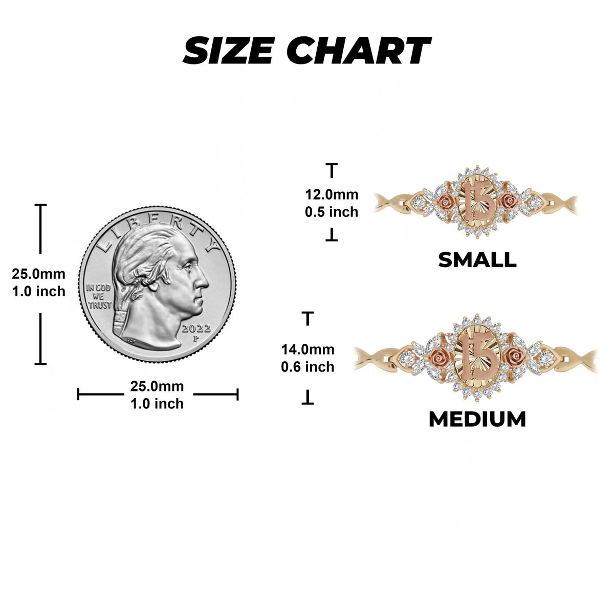 Size chart showing small and medium Quinceañera bracelet charm measurements next to a quarter.