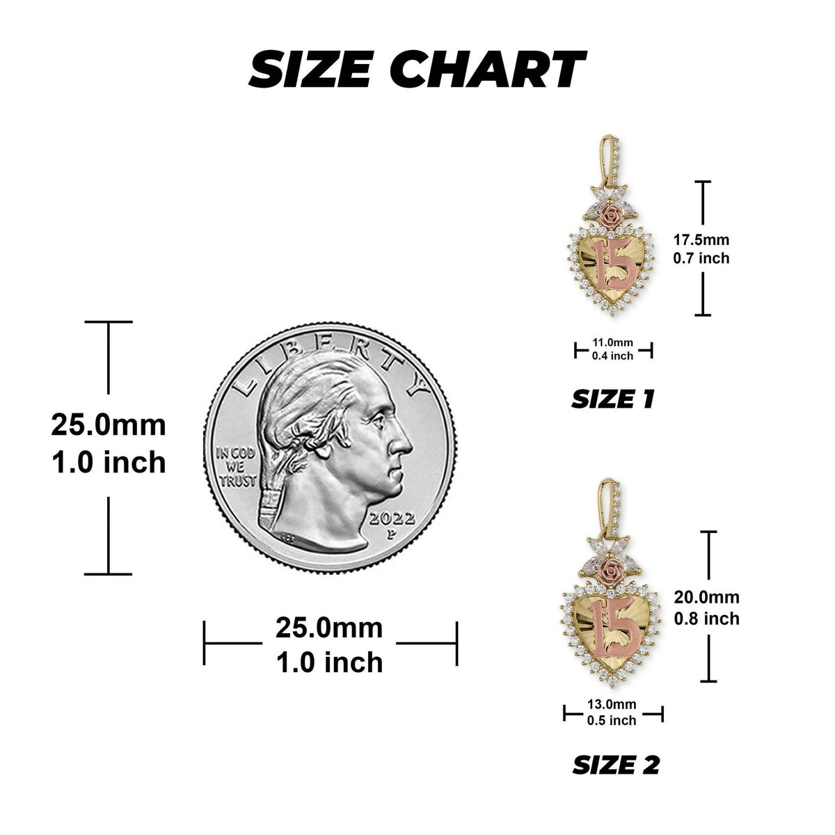 Size chart for Quinceañera heart pendants in Sizes 1 and 2 with quarter scale.