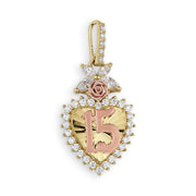 Two-tone gold heart pendant with a 15, rose detail, and clear stones on white.