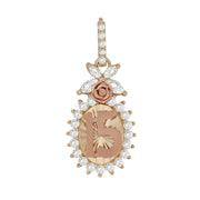 Two-tone gold quinceañera 15 oval pendant with CZ halo and rose gold floral accent.