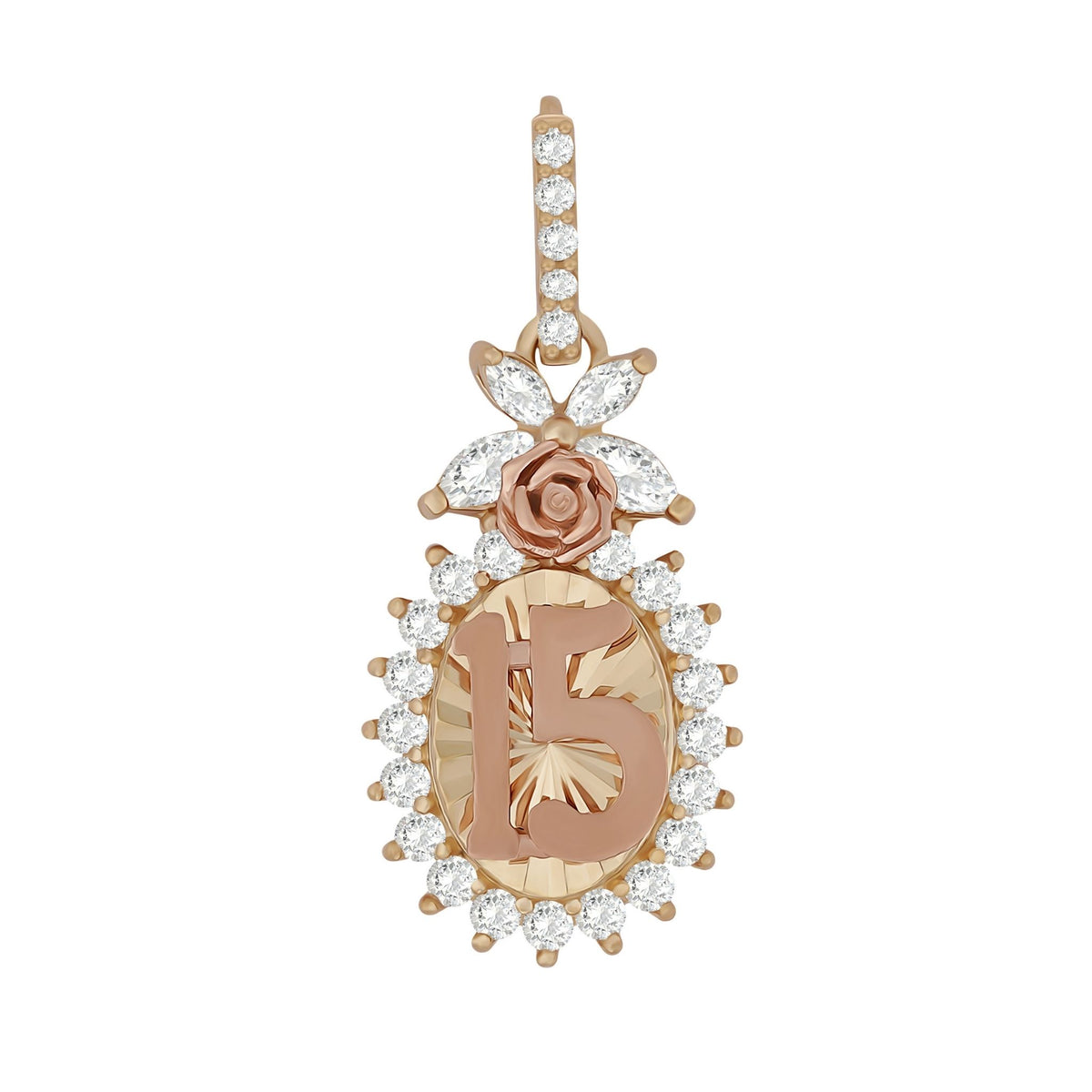 A rose gold 15th birthday pendant featuring a numbered '15' medallion and gemstone halo.
