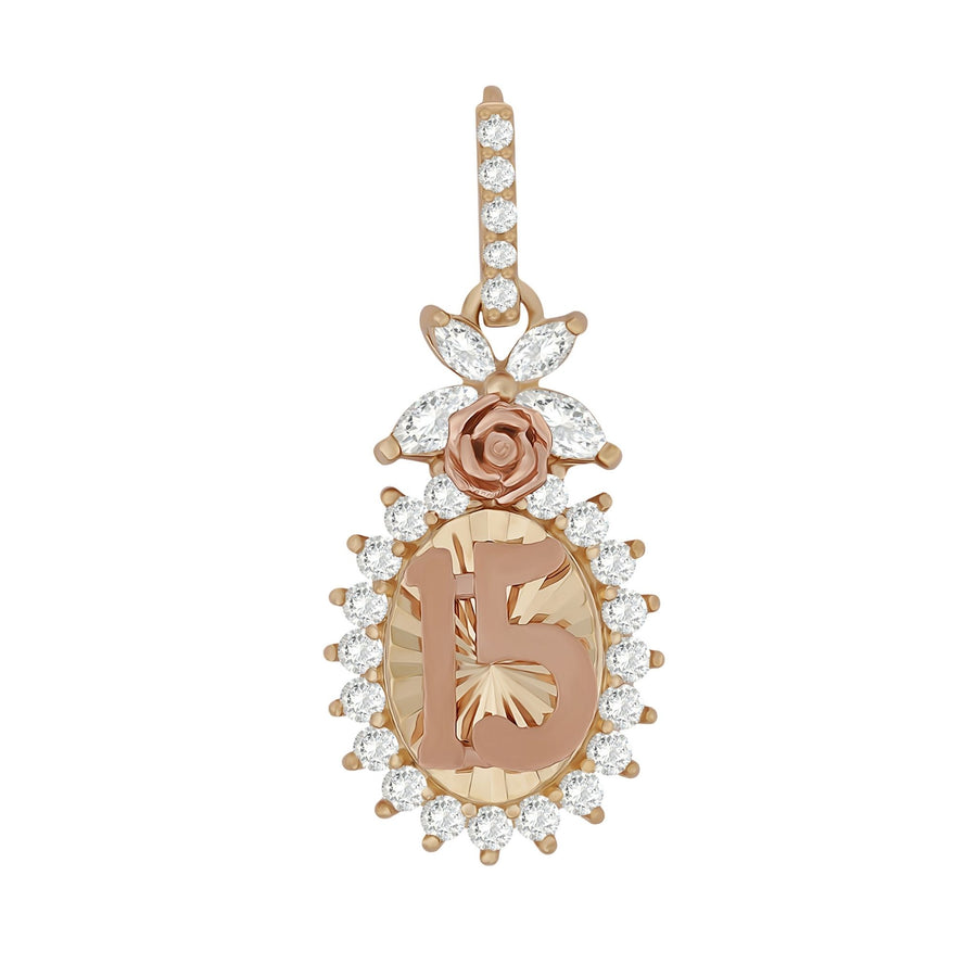 A rose gold 15th birthday pendant featuring a numbered '15' medallion and gemstone halo.
