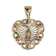 Close-up of the two-tone gold Quinceanera heart pendant showcasing its filigree and rose accents.