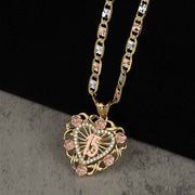 Two-tone yellow and rose gold heart-shaped pendant featuring a central "15" and floral accents.
