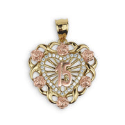 Two-tone gold Quinceañera 15 heart pendant charm featuring rose gold floral accents.