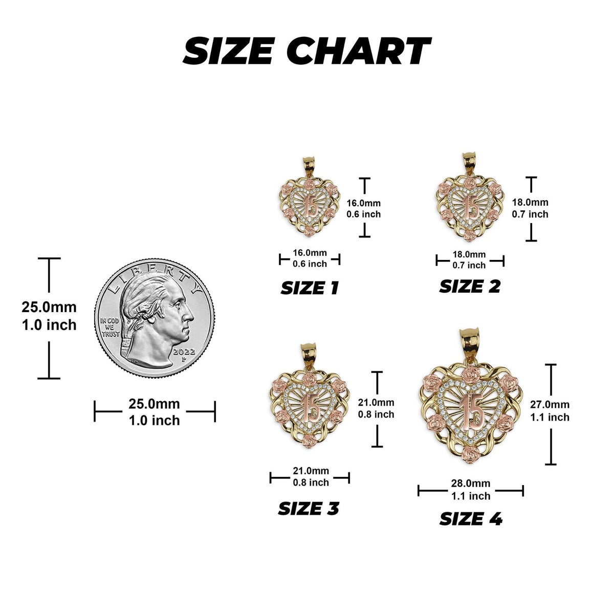 Product size chart for gold 15th birthday heart pendants compared to a US quarter.