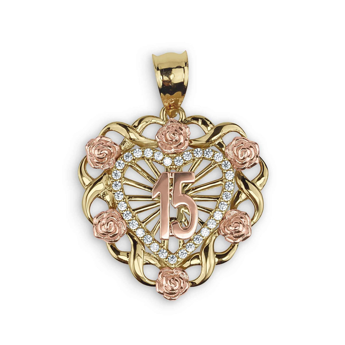 Two-tone Quinceanera heart pendant on a chain, displayed on a black jewelry bust.