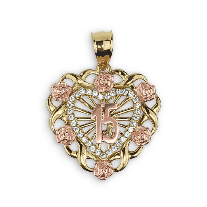 Two-tone Quinceanera heart pendant on a chain, displayed on a black jewelry bust.
