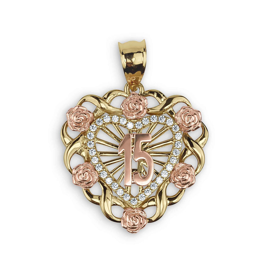 Two-tone Quinceanera heart pendant on a chain, displayed on a black jewelry bust.
