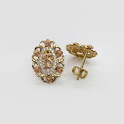 Tri-color gold Quinceanera stud earrings featuring a number 15 surrounded by rose accents.