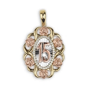 Gold Quinceañera 15th birthday oval rose pendant charm featuring white CZ halo.