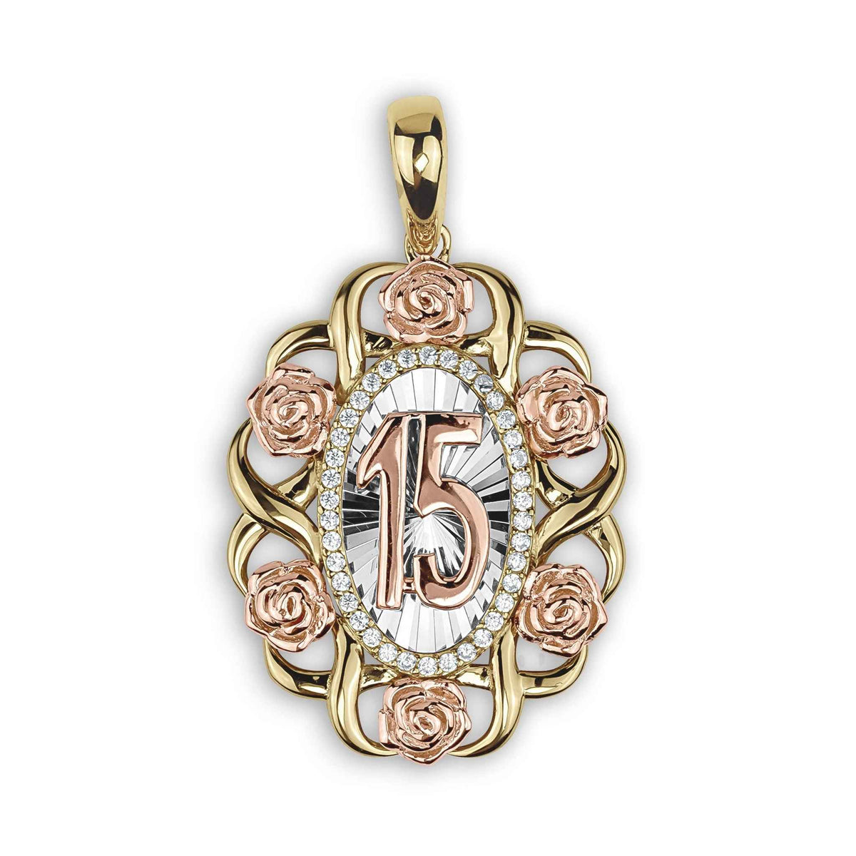 Gold Quinceañera 15th birthday oval rose pendant charm featuring white CZ halo.