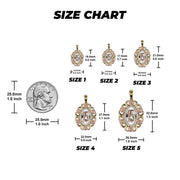 A size chart diagram comparing five pendant sizes ranging from 16.0mm to 32.0mm.