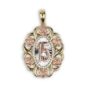 A 15th birthday tri-color gold pendant featuring the number 15, sparkling stones, and rose accents.