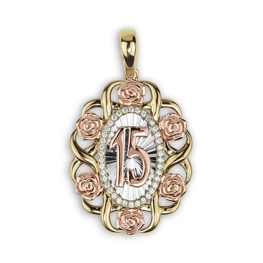 A 15th birthday tri-color gold pendant featuring the number 15, sparkling stones, and rose accents.