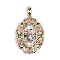 10k & 14k Gold Quinceanera Bloom Rose Tri-Color Pendant