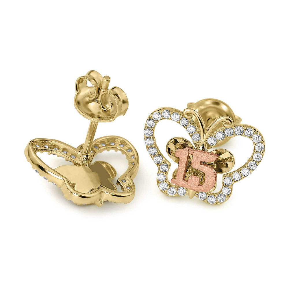 Two-tone gold butterfly stud earrings featuring a prominent "15" design with cubic zirconia.