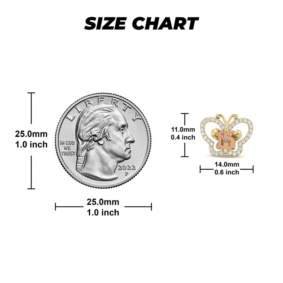 Butterfly stud earring shown next to a US quarter for scale and size reference.