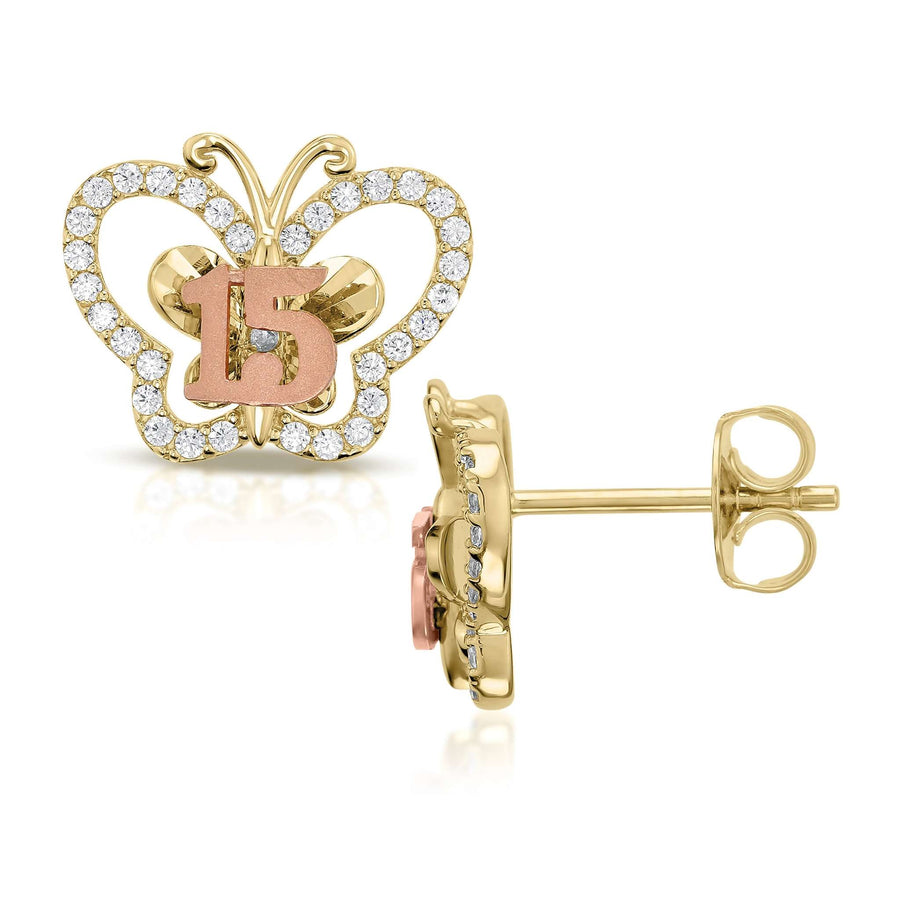 Two-tone yellow and rose gold butterfly stud earrings with sparkling cubic zirconia accents.