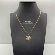 Two-tone gold Quinceañera butterfly pendant displayed on 2.6mm tricolor chain mannequin bust.