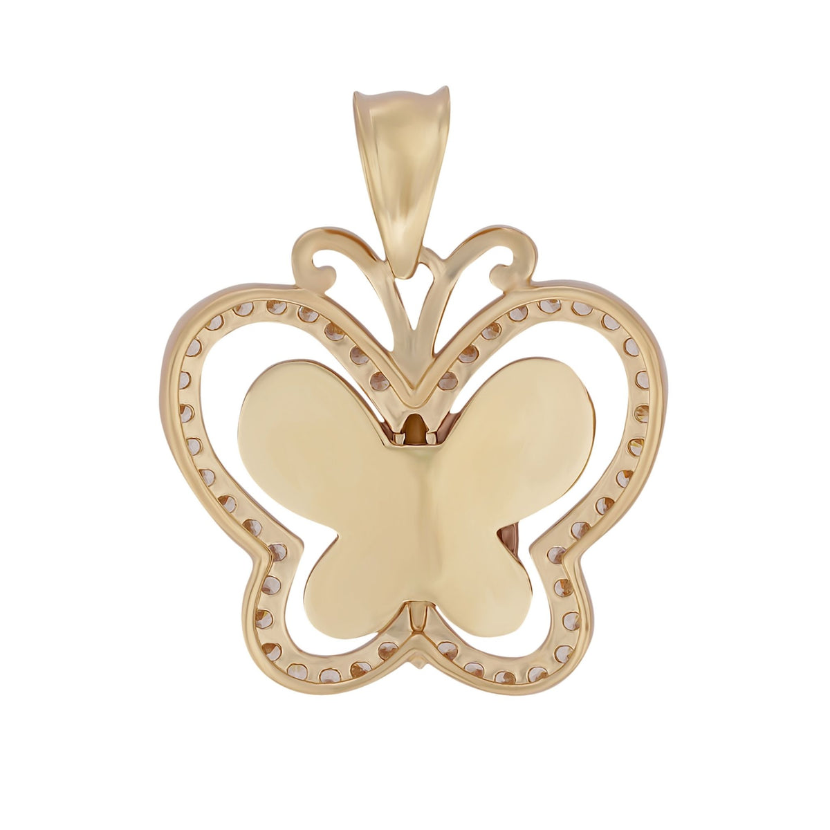 Back view of a two-tone gold butterfly pendant with a smooth polished finish on a white background.