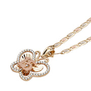 Two-tone gold butterfly pendant necklace with a central "15" on a chain.