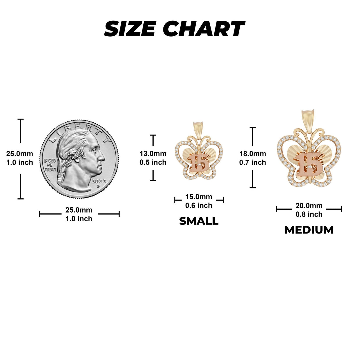 Size chart infographic displaying dimensions for small and medium Quinceañera butterfly pendants with a US nickel.