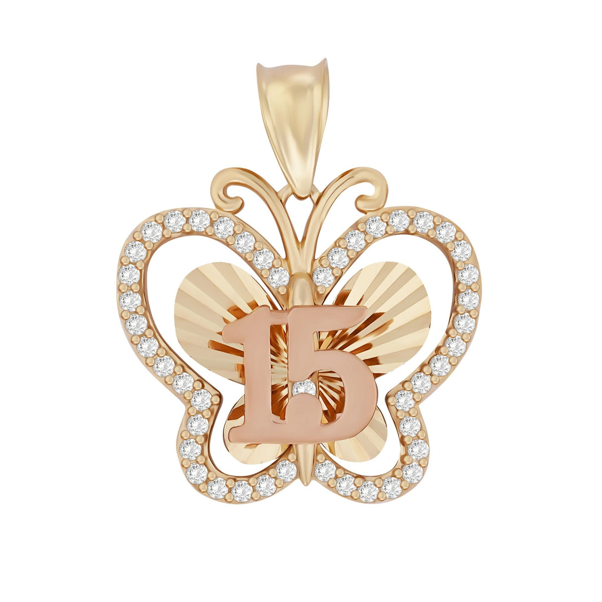 Two-tone gold Quinceañera butterfly pendant featuring pavé cubic zirconia and a central "15".