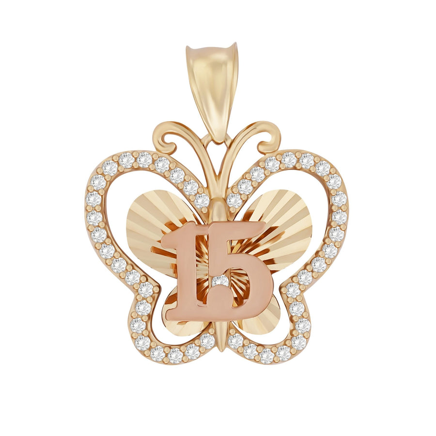 Two-tone gold Quinceañera butterfly pendant featuring pavé cubic zirconia and a central "15".